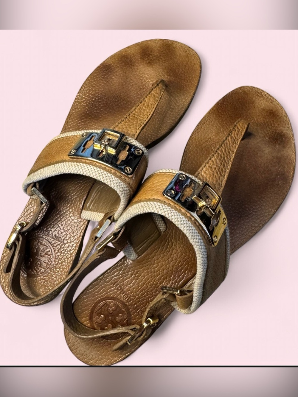 Tory Burch Tan Brown Leather Slingback Sandals with Gold Logo Plaque size 9